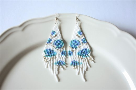 Light Blue Roses Beaded Fringe Earrings Long for Her - Etsy