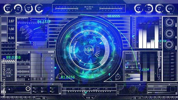 Futuristic data interface with rotating elements and numerical values animation