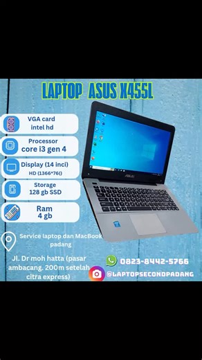 laptop second padang on Instagram: "📜✍️GARANSI 1 BULAN ☑️ 🌟🌟laptop Asus X455l👈👈 💵💵2jt💵💵 KELEBIHAN 🌟series tertinggi di kelasnya 🌟body mulussss 🌟tampilan elegan 🌟camera ready 🌟baterai awet 📜📜SPESIFIKASI📜📜 🔖Prosesor core i3 gen 4 🔖Layar 14 inci 🔖Vga intel hd 🔖Ram 4 gb 🔖ssd : 128 gb 🔖port :usb,land 🔖port :hdmi card,jack audio 🥇barang dijamin original🥇 🥇kondisi siap tempur☑️ 🥇mesin masih orisinal☑️ 🥇laptop sudah lulus test uji☑️ ✍️ support : photoshop,corel,auto cad 🚀l