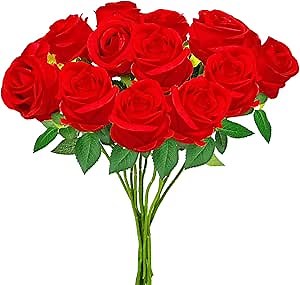 Red Artificial Roses with Long Stems, 12Pcs Realistic Roses Artificial Flowers, Faux Roses | Bulk Fake Flowers for Home Decor, Wedding Party Table Centerpieces, DIY Bouquet