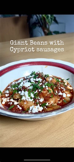 “When winter hits, this is what we cook.” ❄️🍲 Giant Beans with Cypriot Sausages Ingredients: \t•\tGiant beans \t•\tCypriot sausages \t•\tOnion \t•\tGarlic \t•\tRed peppers \t•\tTomato paste \t•\tChopped tomatoes \t•\tVegetable stock \t•\tOlive oil \t•\tPaprika For serving: \t•\tChili flakes \t•\tFeta cheese \t•\tDried oregano \t•\tParsley Instructions: Soak the giant beans overnight in plenty of water. The next day, boil them over low to medium heat until tender but not mushy. In a pot, heat ol