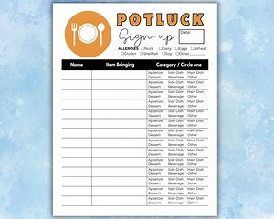 Potluck Sign up Sheet With Allergy Safe Info, Office Party Potluck, Church Potluck Dinner, BBQ Signup Sheet, Event Planning, Potluck Invite - Etsy