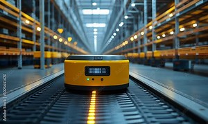 A yellow robotic device navigating a warehouse environment.
