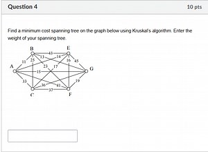 Find a minimum cost spanning tree on the graph below using Krus... | Filo