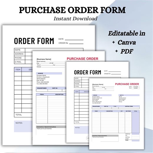 Editable Purchase Order Form Template: Customizable Business Tool (a4/a5/letter Sizes) (PDF Download) - Etsy