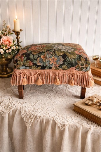 Vintage Wooden Footstool With Floral Fabric and Tassles - Etsy