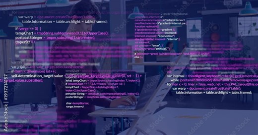 Man standing at laptop typing, causing code overlay drifting and covering coworker in tech office