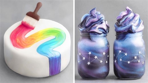 Rainbow paint cake and galaxy milkshake desserts