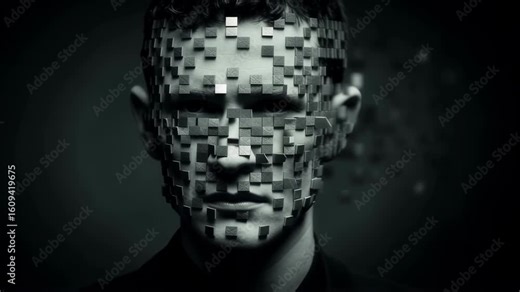 Man's face disintegrating into digital pixels. Cybersecurity breach concept. Dark dystopian aesthetic. Hacking and data corruption visualization for technology video Stock Video