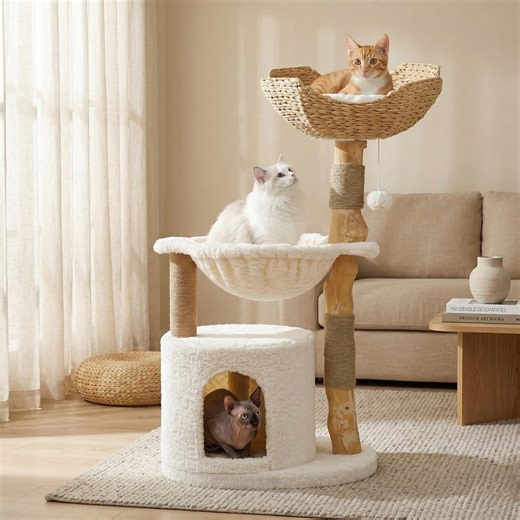 Wooden Cat Tree Tower, Wicker Basket Bed, Modern Multi- Pet Furniture - Etsy