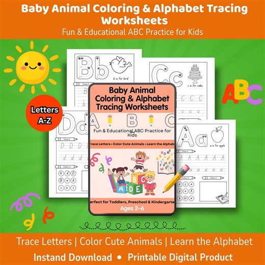 Baby Animal Alphabet Tracing Worksheets Printable | ABC Letter Tracing for Toddlers | Preschool Learning Activity | A–Z Coloring Pages PDF - Etsy
