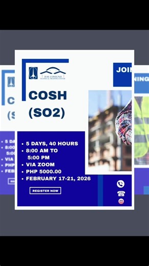 Construction Occupational Safety and Health (COSH) SO2 training 🗓 Date: February 17–21, 2026 🕗 Time: 8:00 AM – 5:00 PM (40-Hour Course) 💻 Platform: Via ZOOM 💰 Investment: PHP 5,000.00 Invest in your professional growth with the D.M. Consunji Technical Training Center. 📞 REGISTER NOW: 0949 571 0605 0998 967 9513 8531 8525 📧 dmcttc@gmail.com #COSH #SO2 #SafetyOfficer #ConstructionSafety #SafetyFirst #DMCTTC #OnlineTraining #CareerDevelopment | D.M. Consunji Technical Training Center