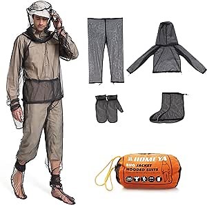 HOMEYA Bug Jacket S/M, Anti Mosquito Netting Suit with Zipper on Hood Ultra-fine Mesh Pants Mitt Socks with Free Carry Pouch for Protecting Hunting Fishing Men Women