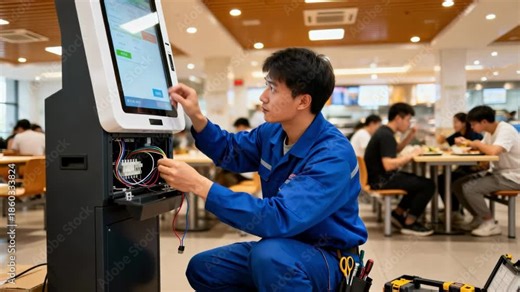 Medium shot of a technician installing a selfservice kiosk in a busy cafeteria focusing on touchscreen setup and wiring adjustments.