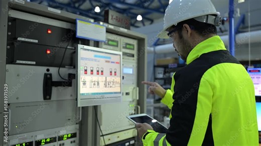 Electrical engineer male checking voltage at the Power Distribution Cabinet in the control room,preventive maintenance Yearly,inspecting power system and control panel in industrial factory