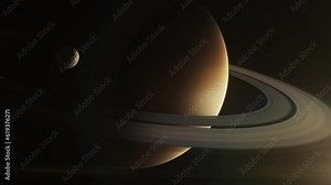 Realistic 3D graphics of sunlit Saturn and its moon Mimas, Dione or Titan in dark outer space. Mysterious Saturn rings. Stars and galaxies on background. Solar system planet. Universe exploration.