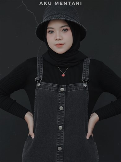 Potret close up wanita berkulit putih porselin, dengan resolusi warna dan cahaya yang real, kualitas HD Dan perfect seperti nyata,gunakan foto berkualitas tinggi dan jernih, Fokus pada subjek ( wajah ) memakai baju rajut tangan panjang warna hitam,dres overall jeans panjang warna grey kehitaman kancing depan dari atas sampai bawah, memakai hijab hitam, pakai kalung liontin hati merah kecil dan topi buket jeans warna hitam,make up halus lembut, alis rapih, perona pipi merah muda, perona mata pink