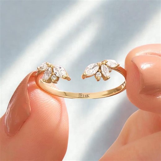 14K Solid Gold Open Wedding Band Ring, Marquise Cut Lab Diamond CZ Cuff Ring, Minimal Stackable Wedding Ring for Women - Etsy Australia