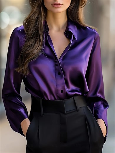 Women's Satin Shirt Dress Shirt Work Shirt Button Up Shirt Solid Color Elegant Fashion Stylish Long Sleeve Turndown Shirt Collar Regular Tops Work Party Evening Wear Date Night Outfits Black Red Navy 2026 - $36.99