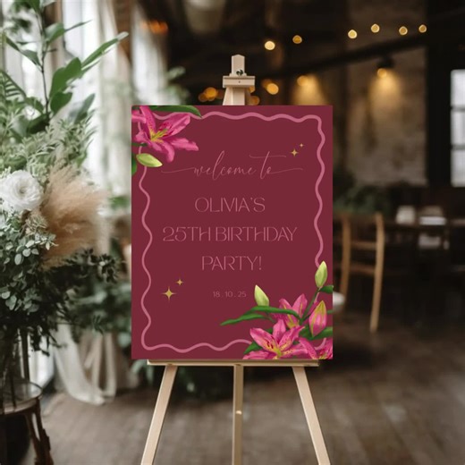 Floral Birthday Welcome Sign | Pink Lily Party Decor | Editable Digital Template | Elegant Birthday Sign Printable 16x20" - Etsy