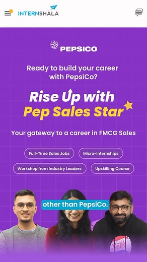 Internshala on Instagram: "PepsiCo x Internshala Presents: PepSales Star! The internship everyone’s talking about is here!🔥 Last year, HUNDREDS applied and started their career in FMCG SALES with PepsiCo. This year it could be you!👀 Your future’s fizzing with opportunity✨ 💼 Work with a global FMCG brand 💡 Learn from PepsiCo’s industry-experts 💪 Master real sales on the ground 🚀 Get that career headstart you’ve been dreaming of ✅ Apply through the link to start your micro-internship journey