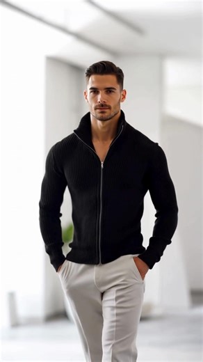 This men's knit zip jacket features a thick, ribbed knit in solid black with a full front zipper and a high stand collar. The dense knit provides a structured, athletic silhouette while offering cozy warmth. Ideal as a layering piece over a tee or under a heavier coat, it pairs well with dark denim or chinos for a sleek, minimalist look. #BlackKnit #RibbedTexture #ZipJacket #MensFashion #LayeringPiece #FallWinter #MinimalistStyle Shop Now: https://reurl.cc/ax8DO3 | Manly Trend
