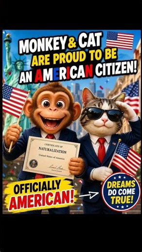 Monkey and Cat are proud to be American Citizen🇺🇸🇺🇸🇺🇸 #shorts #viralshorts #usa #monkeycat