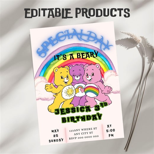 Care Bears Birthday Invitation, Printable Editable Birthday Party Invite, Digital Party Invitation Template, Care Bears Invitation Card - Etsy