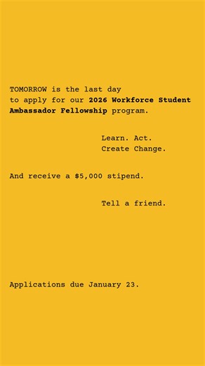 🔜 🗓️ ⏰ TOMORROW IS THE DEADLINE TO APPLY! TSC is currently recruiting a 2026 Workforce Student Ambassador Fellowship cohort for individuals who are either currently enrolled in a workforce training program or a recent program graduate. The 2026 workforce cohort is an extension of our premier civic leadership development program, designed to educate civic-minded people. This is a unique nine-month opportunity for fellows to uplift the experiences of today's students in traditional workforce tra