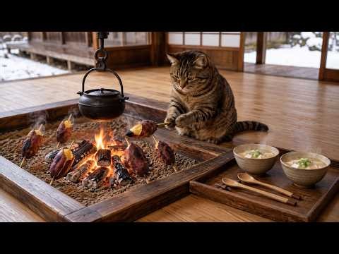 🍠 冬の日記｜囲炉裏で焼き芋を楽しむ猫、ほくほく温まる冬のひととき