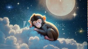 baby monkey is sleeping on a starry cloud, seamless looping 4k animation video background