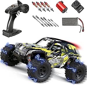 Brushless RC Car for Adults, 1:10 Fast Remote Control Car, Max 50+ MPH High Speed Fast RC Cars, 2.4 Ghz All Terrain Hobby Rc Trucks for Adults Boys, Off-Road Electric Monster Truck - Yellow