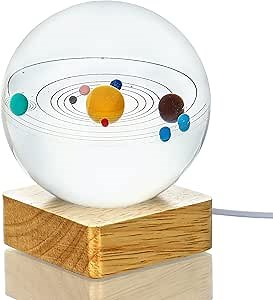 HDCRYSTALGIFTS 3D Crystal Ball Solar System with LED Wooden Base,Clear 80mm(3.15 inch) Glass Sphere Figurine for Home Table Decor