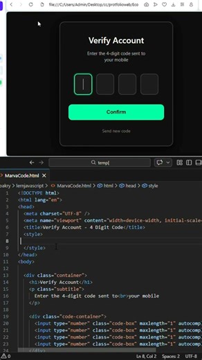 create otp verification code form using HTML,CSS&JS 👍#coding#webdevelopment#htmlcss#JS #htmltutorial