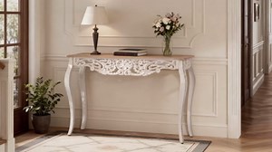 Console Table for Entryway with Carved Details, 43.31" Long Sofa Table Behind Couch, Vintage French Country Entry Table with Wood Carvings and Curved Legs for Hallway, Living Room - Antique White