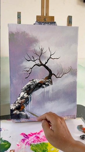 Easy Ice on Tree Trunk Painting ❄️ Winter Nature Art | Acrylic Tutorial