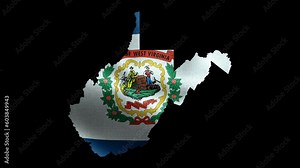 4K waving detailed textured flag of West Virginia animation on the map. Loop alpha channel seamless West Virginian flag on territory. Outline geographic state border of West Virginia stock video.
