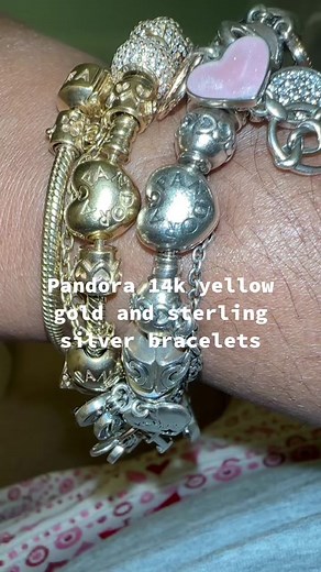 Pandora 14k yellow gold and sterling silver bracelets #pandora #14kgold #G585 #sterlingsilver #pandorabracelet #pandorajewelry #pandoratiktok #fyp #fypシ゚viral #foryourpage