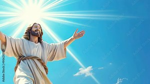jesus christ face smiling with halo and rays of light cartoon style animation isolated on sky background. represent jesus love. ascention, ressurection, transformation - 4k stock video footage