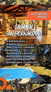 🏡 Alquilo Casa de Verano en San Bernardino ☀🌿 Solo acepta reserva mensual! Gs. 35.000.000 por mes! Comodidad, descanso y diversión en un solo lugar. Casa amplia, totalmente equipada, ideal para disfrutar con familia o amigos. 📍 Excelente ubicación, a pasos de Tu Súper y Super Seis. ✨ Características: * 4 dormitorios / 3 baños (2 en suite) * Sala, comedor y cocina equipada * Quincho con parrilla fogonero * Piscina y amplio jardín * Aire acondicionado en todos los ambientes * Garage para 3 vehí