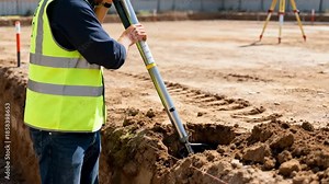 Technician measuring soil compaction with a penetrometer near a planned building area to ensure ground stability for structural support.