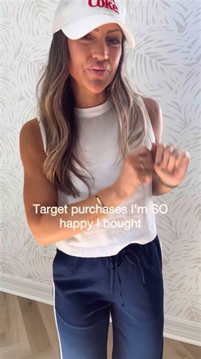 Liz || What Liz is Loving on Instagram: "Don’t miss out on these 🎯 finds! Comment TARGET if you want links sent straight to ya. The blue pants with the track stripe and THE comfiest and super easy to style. Tossing these on for mom life has been my go-to lately! I think you could 100% elevate them for work, too. I’m wearing XS. They run a bit big IMO! I did XS in the tanks. They’re only $10 and one of those things you may pass by in the store because it’s so basic, BUT you will wear it on repea