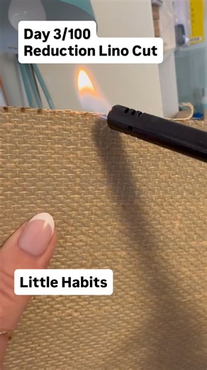 I burn the little fibres off the Lino edges, them little monkeys 🙈 can get ink on them and lead to a whole mess on the edge of the picture, I stick the Lino to a mount board with carpet tape, and I put little tabs on the ends of the tape so I can pull the tape off the mount board when the Lino cut is finished and use the board again, the carpet tape is REALLY sticky. And I put white masking tape around my mount board, it shows if you get ink on it and it’s easy to wipe off…….and I know I’m a te