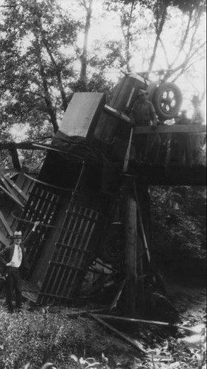 Early Automobile Accident — Truck Hanging from Collapsed Bridge Oklahoma, 1927