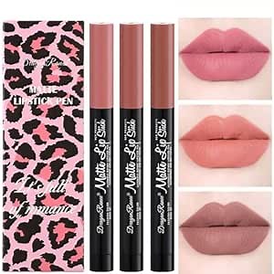 3 PCS Matte Lipstick Automatic Rotary High Pigment Red Pink Lip Stain Smooth Velvety Long Lasting No Fade Lip Pen Set of Three Lip Gloss Tint Portable for Lady Girl Festivals Lip Makeup (A)