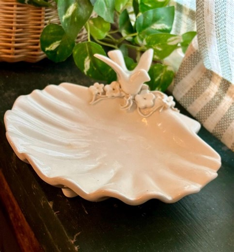 Vintage White Dove Shell Trinket Dish, Signed CH, Coastal Cottage Decor, Peaceful Memorial Gift