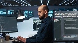 Software developer programming in high tech facility with server rows providing computing resources for different workloads. IT expert reviewing data center supercomputers