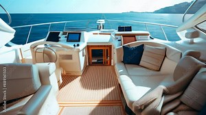 Luxurious yacht interior with white leather seating and an ocean view Stock Video