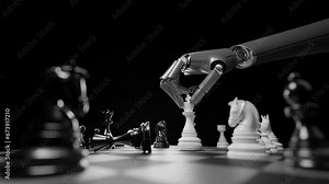 ai Artificial Intelligence,Data Science,Information technology,edge computing.Robotic arm playing chess on chessboard.Advanced technology utilizes complicated algorithms to solve problems for humanity