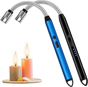 2-Pack Plasma Arc Lighters – Rechargeable USB Candle Lighters with Flexible Neck, Windproof & Flameless, Blue + Black Set for Gifting, Camping, BBQ